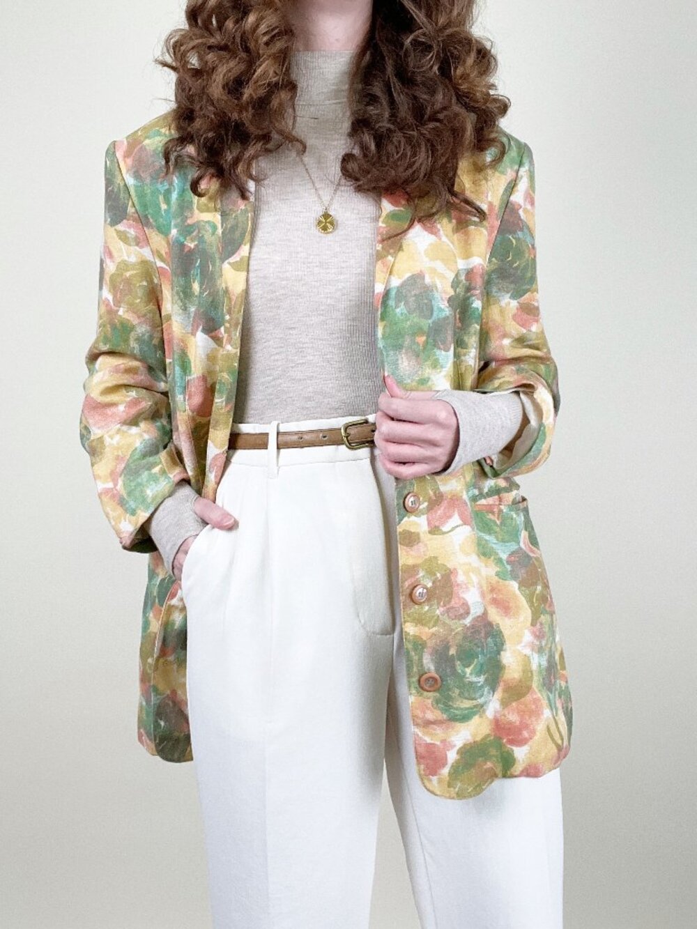 Vintage 80s 90s Linen Floral Print Oversized Blazer Jacket Coat Long Whimsical